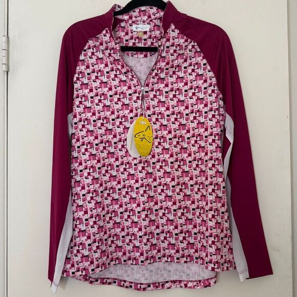 Greg Norman Womens Large Pink Geometric Solar XP 1/4 Zip Golf‎ Pullover Outdoor - Picture 1 of 8